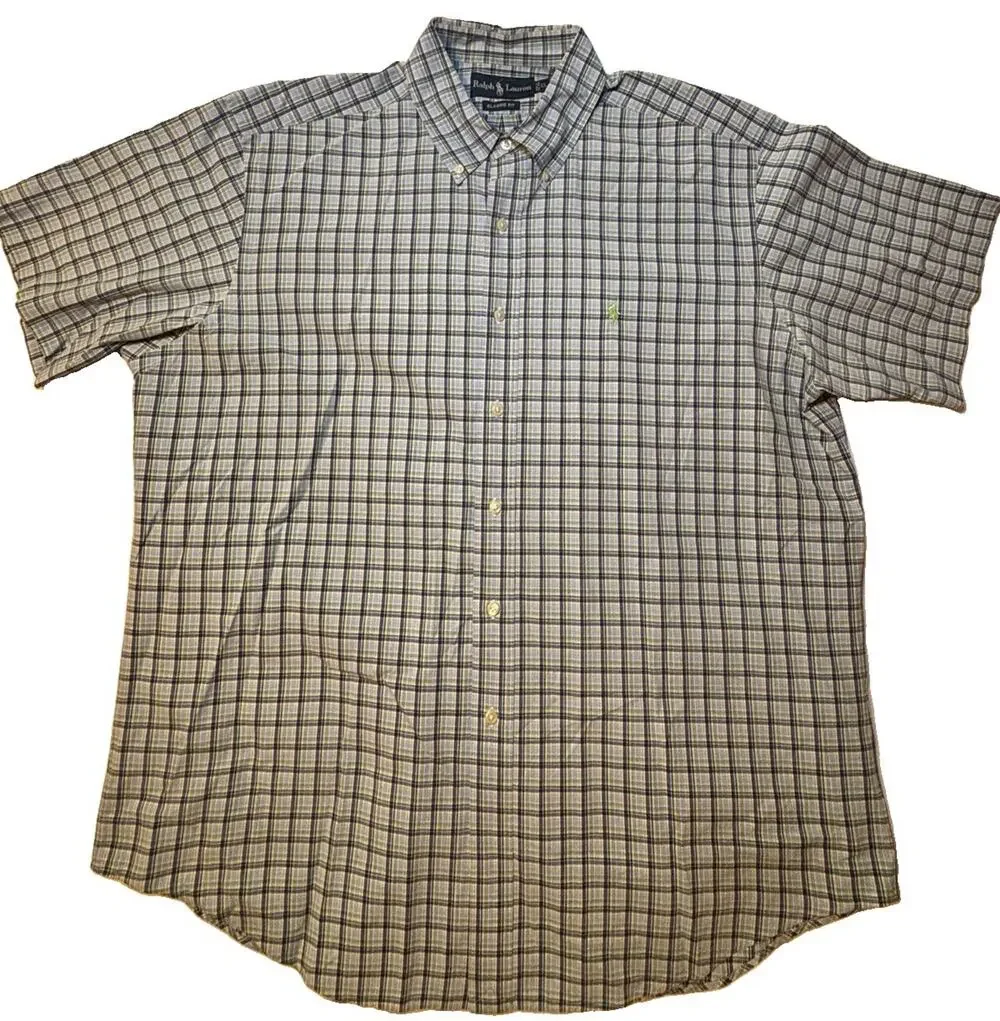 Ralph Lauren XL Classic Fit Madras 100% Cotton Plaid Shirt Blue Green Pony VTG